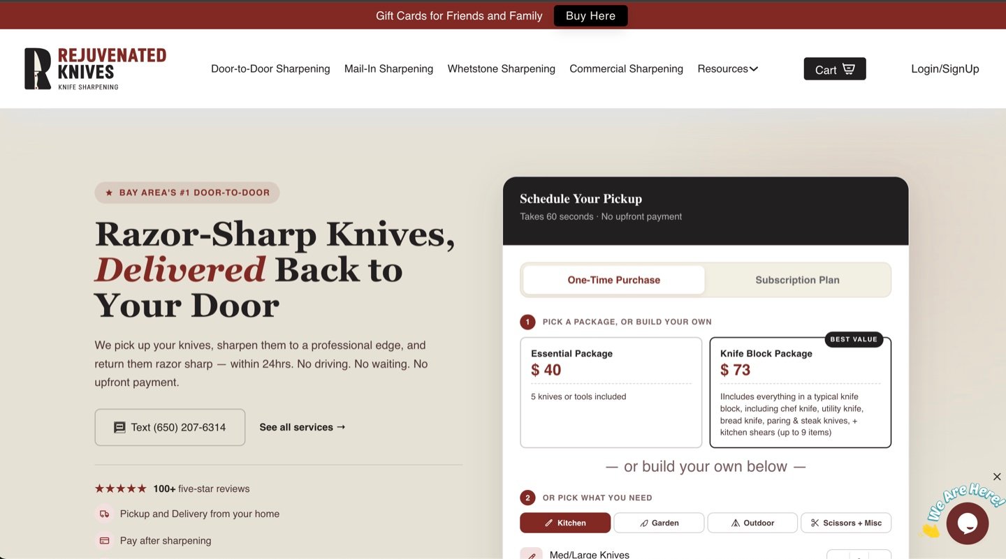 Rejuvenated Knives website with pickup scheduling and sharpening packages